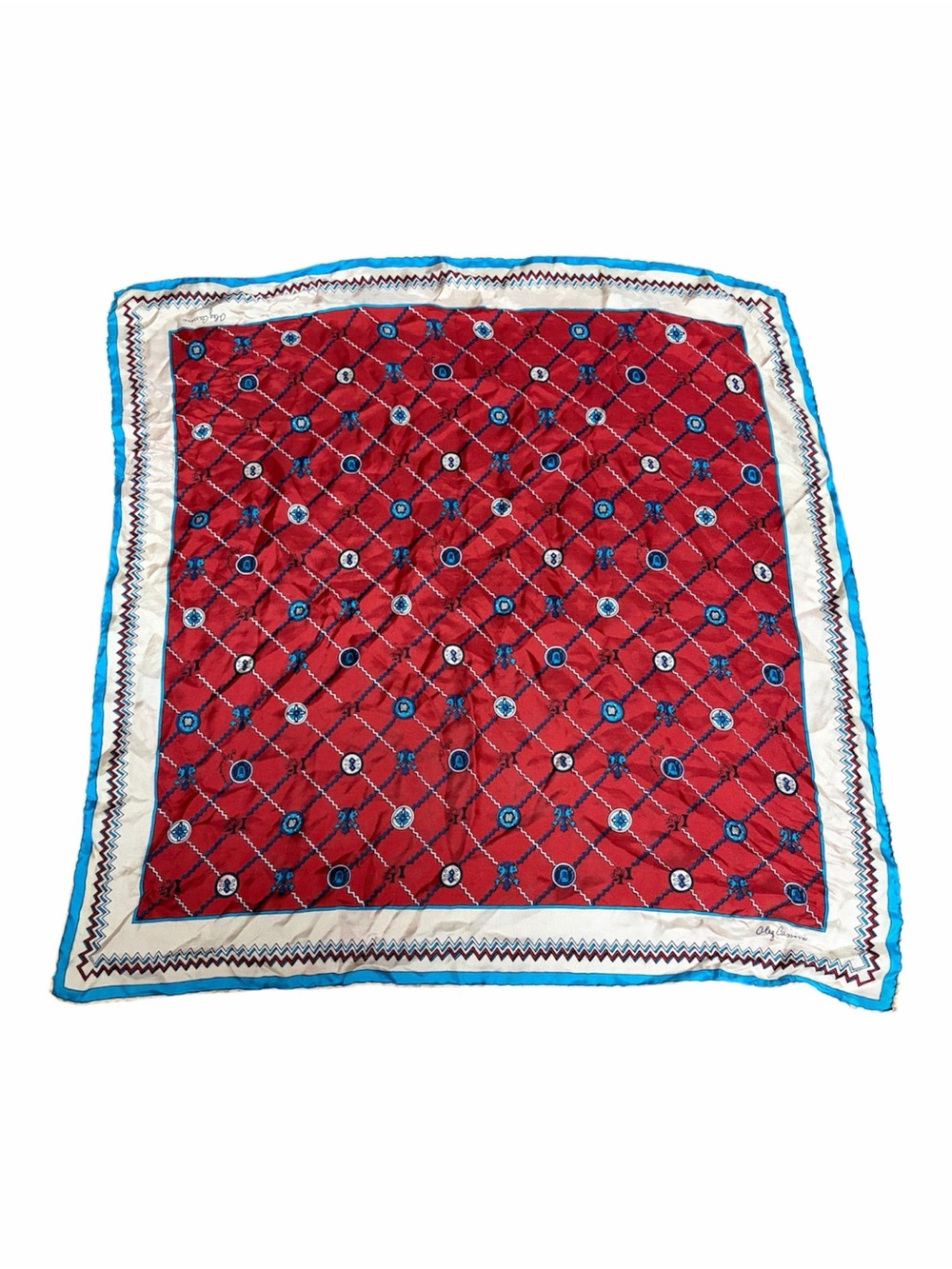 Oleg Cassini Red Silk Scarf with Blue and Cream Border